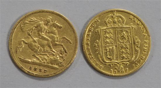 Two Queen Victoria gold half sovereign 1887 and 1897, both F